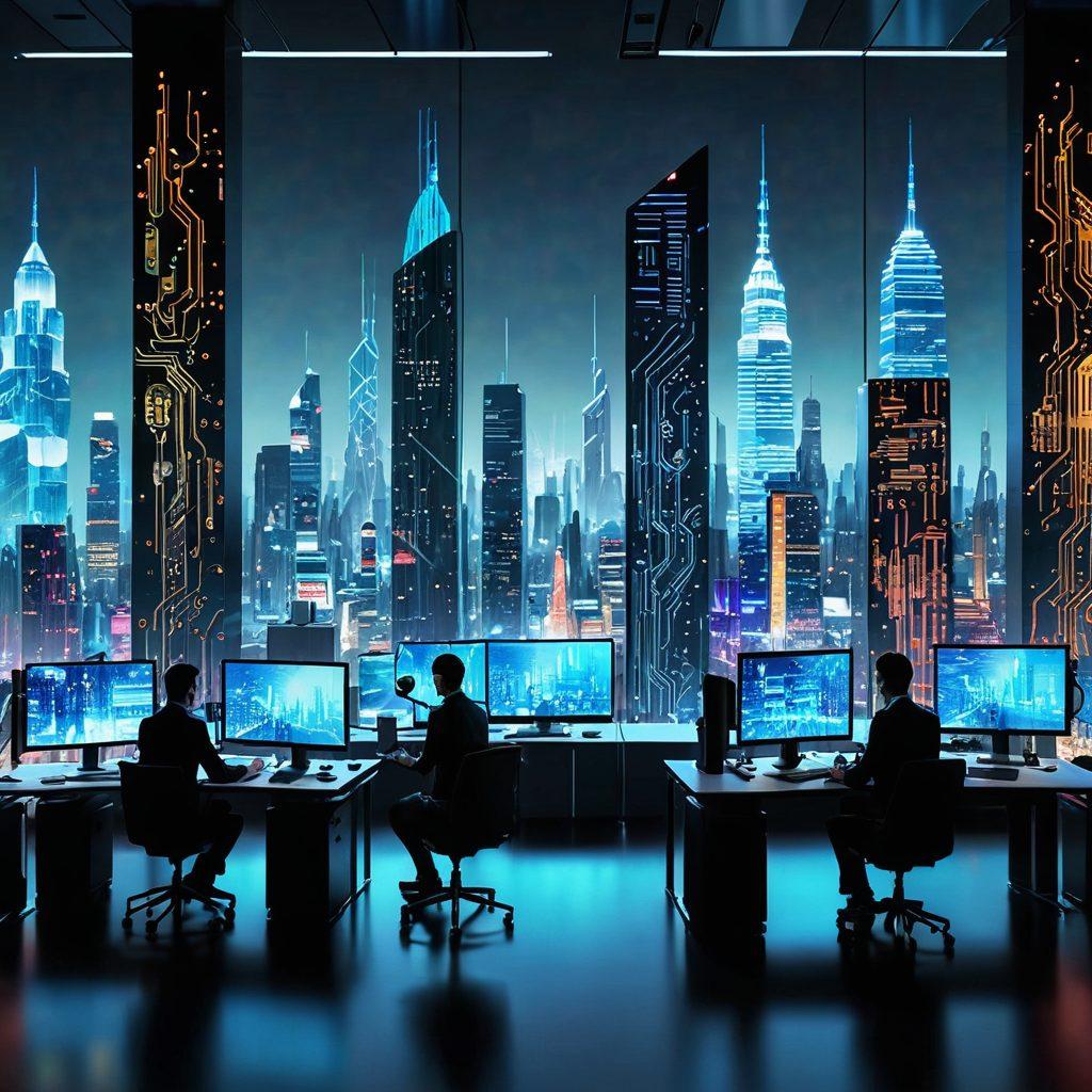 A futuristic business cityscape with skyscrapers made of circuit boards and digital screens, showcasing a seamless blend of technology and innovation. People collaborating with holographic interfaces and robots in a sleek, modern office environment. The atmosphere should be dynamic and forward-thinking. super-realistic. vibrant colors. digital art.