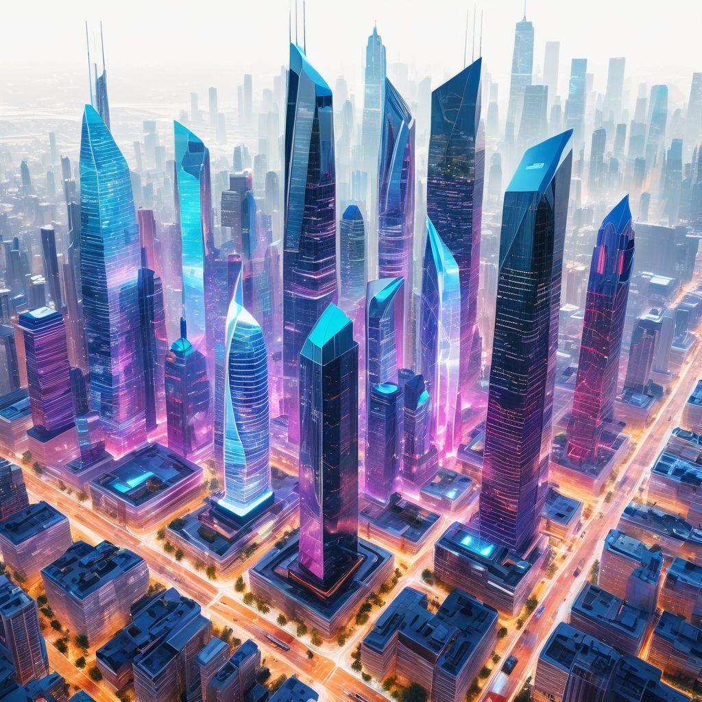 A dynamic and sleek futuristic cityscape illustrating the concept of web development with towering skyscrapers made of vibrant and complex code. Include digital architects shaping the structures with high-tech tools, holographic interfaces floating and interacting with viewers. The atmosphere should be bright and innovative, representing the transformation and modernization of online experiences. super-realistic. vibrant colors. white background.